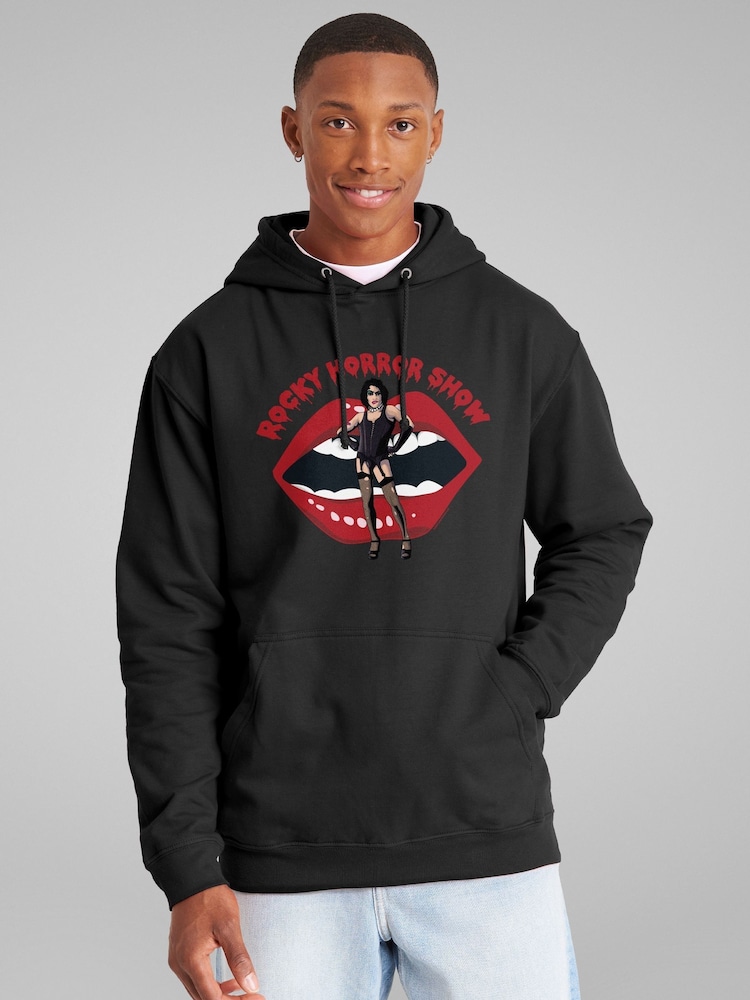All + Every Black Rocky Horror Show Dr Frank N Furter Mouth Logo Hooded Sweatshirt - Image 1 of 4 All + Every Black Rocky Horror Show Dr Frank N Furter Mouth Logo Hooded Sweatshirt - Image 1 of 4