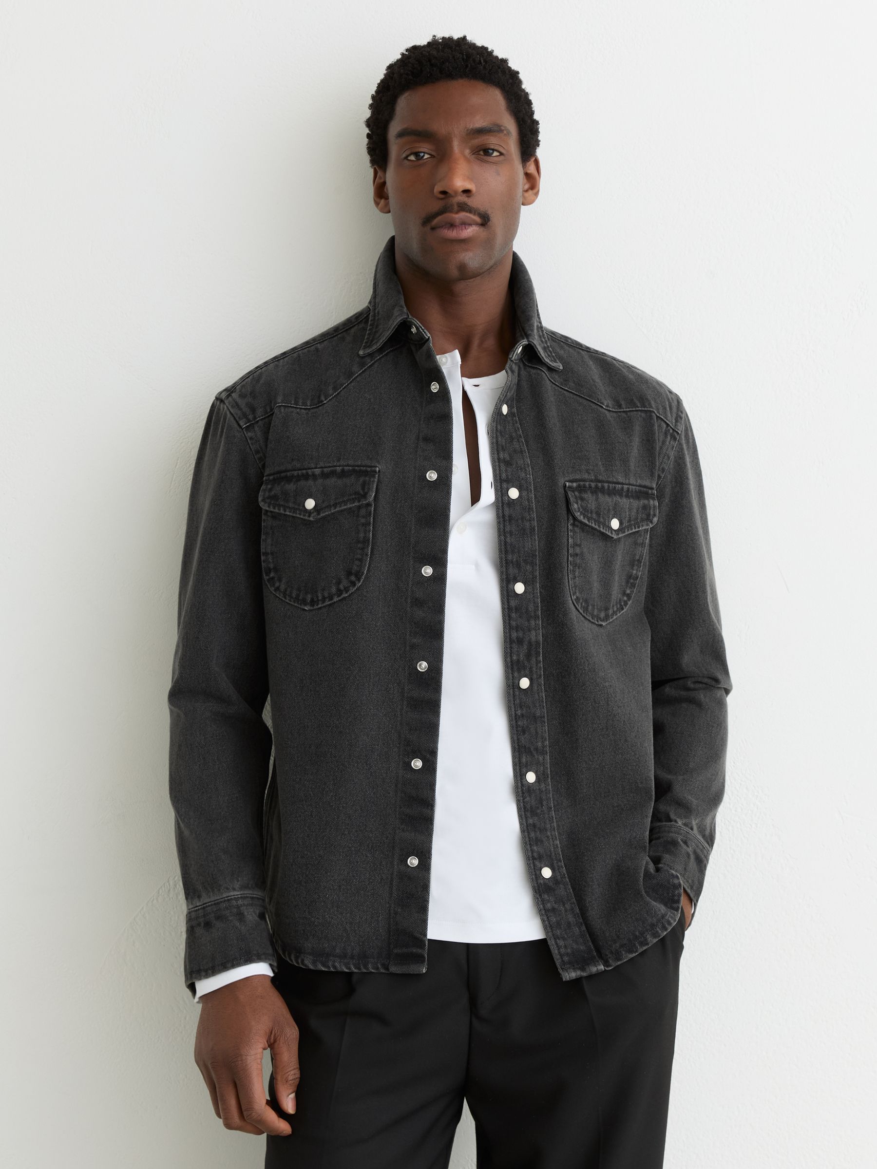 Buy Reiss Washed Black Finley Washed Denim Western Overshirt from
