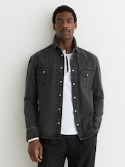 Reiss Washed Black Finley Washed Denim Western Overshirt - Image 1 of 8