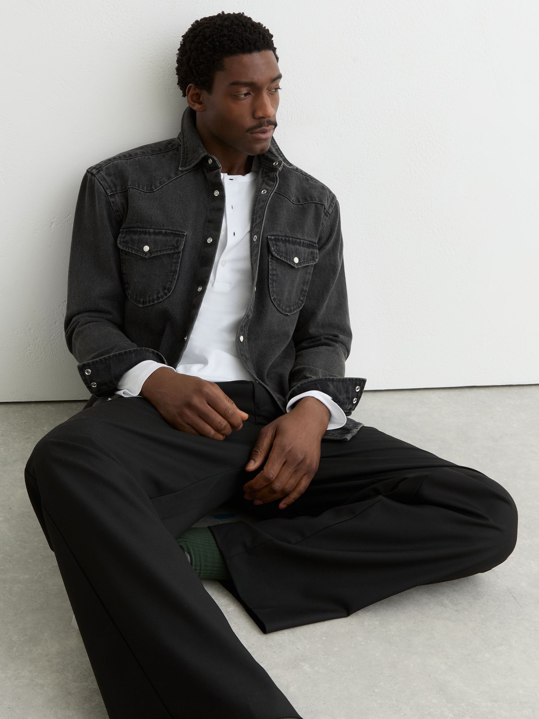 Buy Reiss Washed Black Finley Washed Denim Western Overshirt from