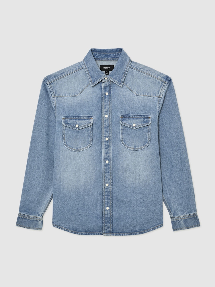 Pesty Sininen - Reiss Finley Washed Denim Western -paita - Kuva 2 / 8