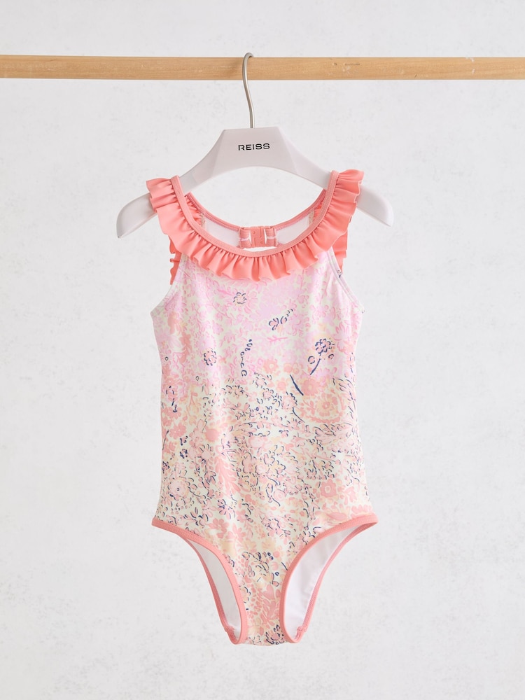 Reiss Pink Print Zuri 9-13 yrs Floral-Print Frill-Trim Swimsuit - Image 1 of 3