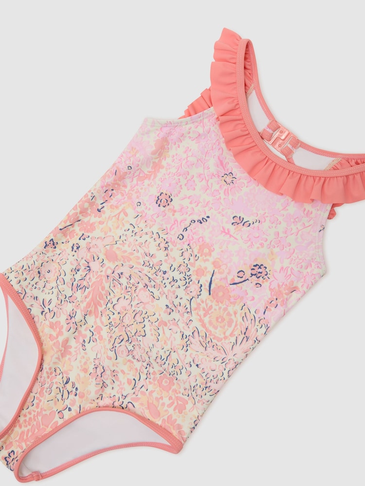 Reiss Pink Print Zuri 9-13 yrs Floral-Print Frill-Trim Swimsuit - Image 3 of 3