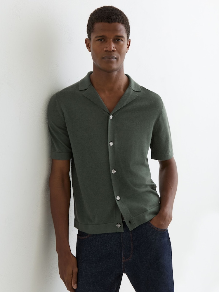 Reiss Kale Green Grafton Merino Wool Cuban-Collar Shirt - Image 1 of 6