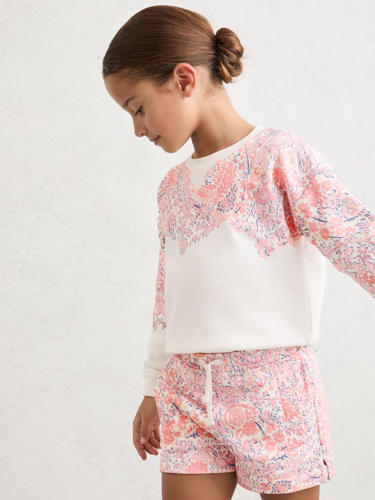 Reiss Pink Print Jessie Floral-Print Sweatshirt and Shorts Set - Image 1 of 5