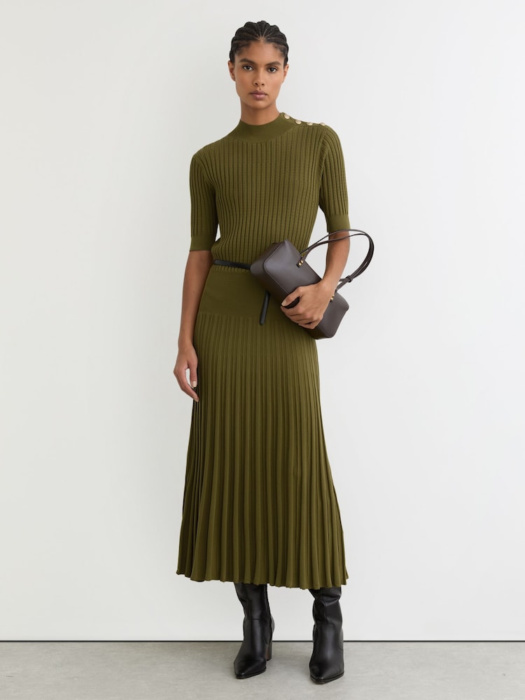 Reiss Green Harriet Button-Detail Knitted Midi Dress - Image 1 of 7 Reiss Green Harriet Button-Detail Knitted Midi Dress - Image 1 of 7
