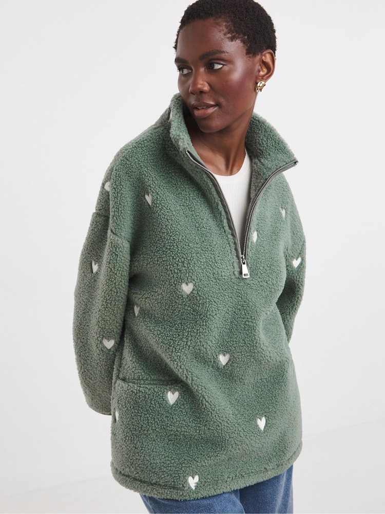 JD Williams Green Print Longline Quarter Zip Borg Fleece - Image 1 of 4