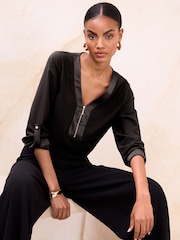 Lipsy Black Zip Front 3/4 Sleeve Top - Image 1 of 4