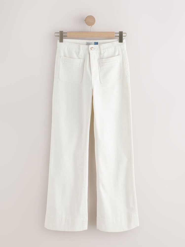 Ecru Patch Pocket Wide Leg Jeans - Image 1 of 4 Ecru Patch Pocket Wide Leg Jeans - Image 1 of 4