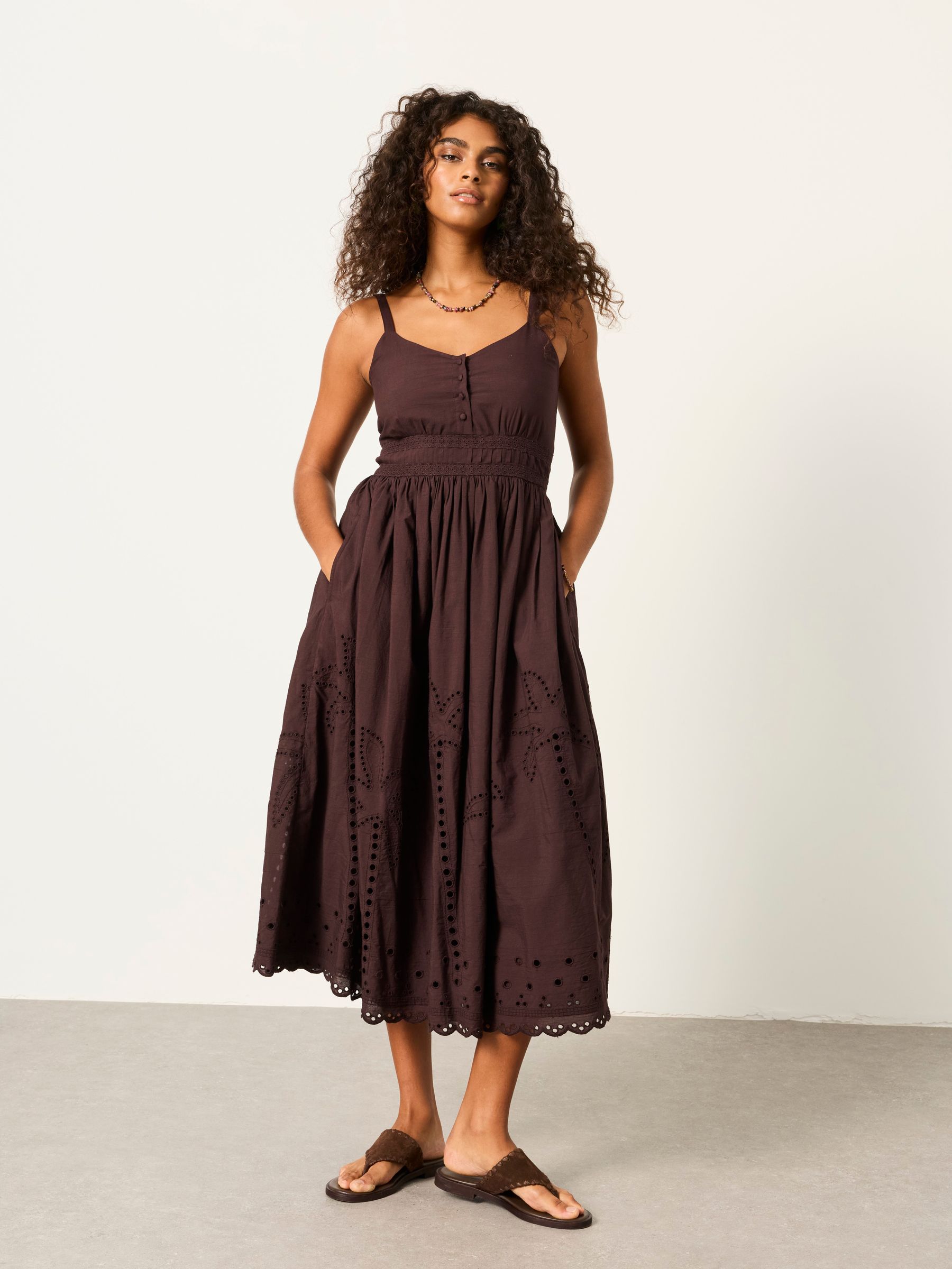 FatFace Teri Embroidered Midi Dress for Women, 100% Cotton, Chocolate Brown, Size 22 R