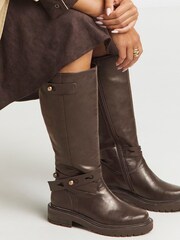Simply Be Brown Extra Wide Fit Casual Knee High Boots With Wrap Detail - Image 1 of 4