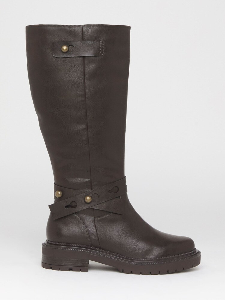 Simply Be Brown Extra Wide Fit Casual Knee High Boots With Wrap Detail - Image 2 of 4