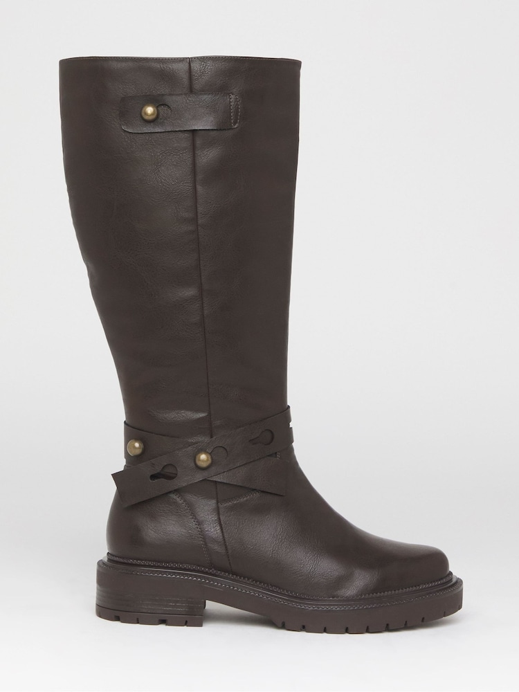 Simply Be Brown Extra Wide Fit Casual Knee High Boots With Wrap Detail - Image 2 of 4 Simply Be Brown Extra Wide Fit Casual Knee High Boots With Wrap Detail - Image 2 of 4