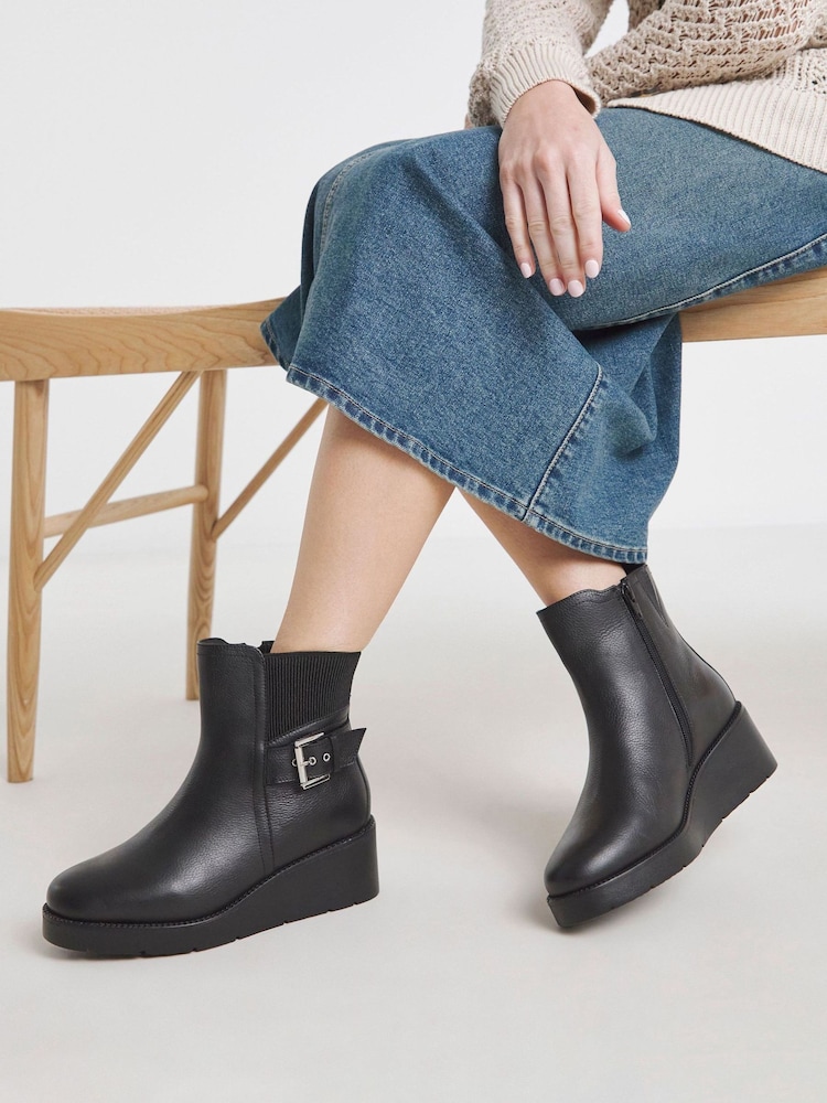Simply Be Black Extra Wide Fit Wedge Chelsea Boots With Buckle - Image 1 of 4 Simply Be Black Extra Wide Fit Wedge Chelsea Boots With Buckle - Image 1 of 4