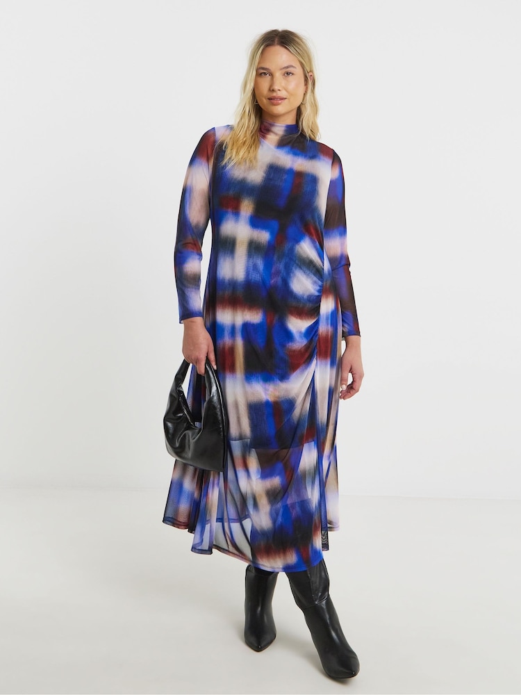 Simply Be Brown Ruched Mesh Midi Dress - Image 1 of 4