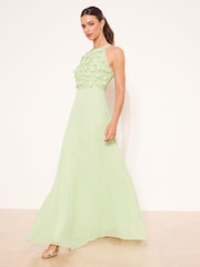 Lipsy Sage Green Bridesmaid Embrodiery 3D Halter Maxi Dress - Image 3 of 4
