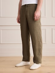卡其綠色 - Signature 100% Linen Textured Trousers With Elasticated Waist - 圖片 1/4