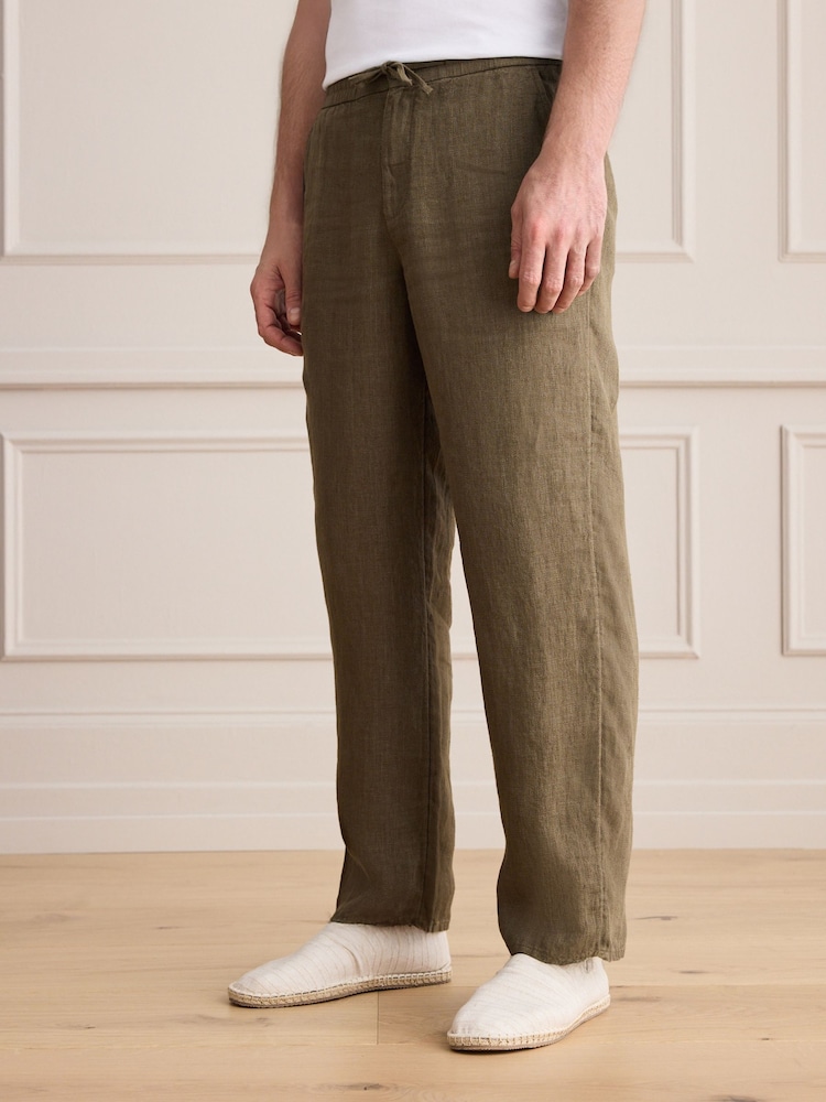 卡其綠色 - Signature 100% Linen Textured Trousers With Elasticated Waist - 圖片 1/4