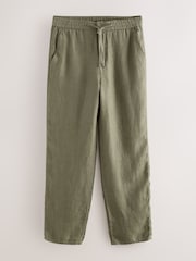 Khaki Green Relaxed Fit Signature 100% Linen Textured Trousers With Elasticated Waist - Image 7 of 10