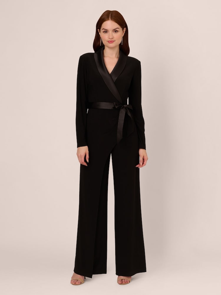 Adrianna Papell Jersey Combo Tuxedo Black Jumpsuit - Image 1 of 7 Adrianna Papell Jersey Combo Tuxedo Black Jumpsuit - Image 1 of 7