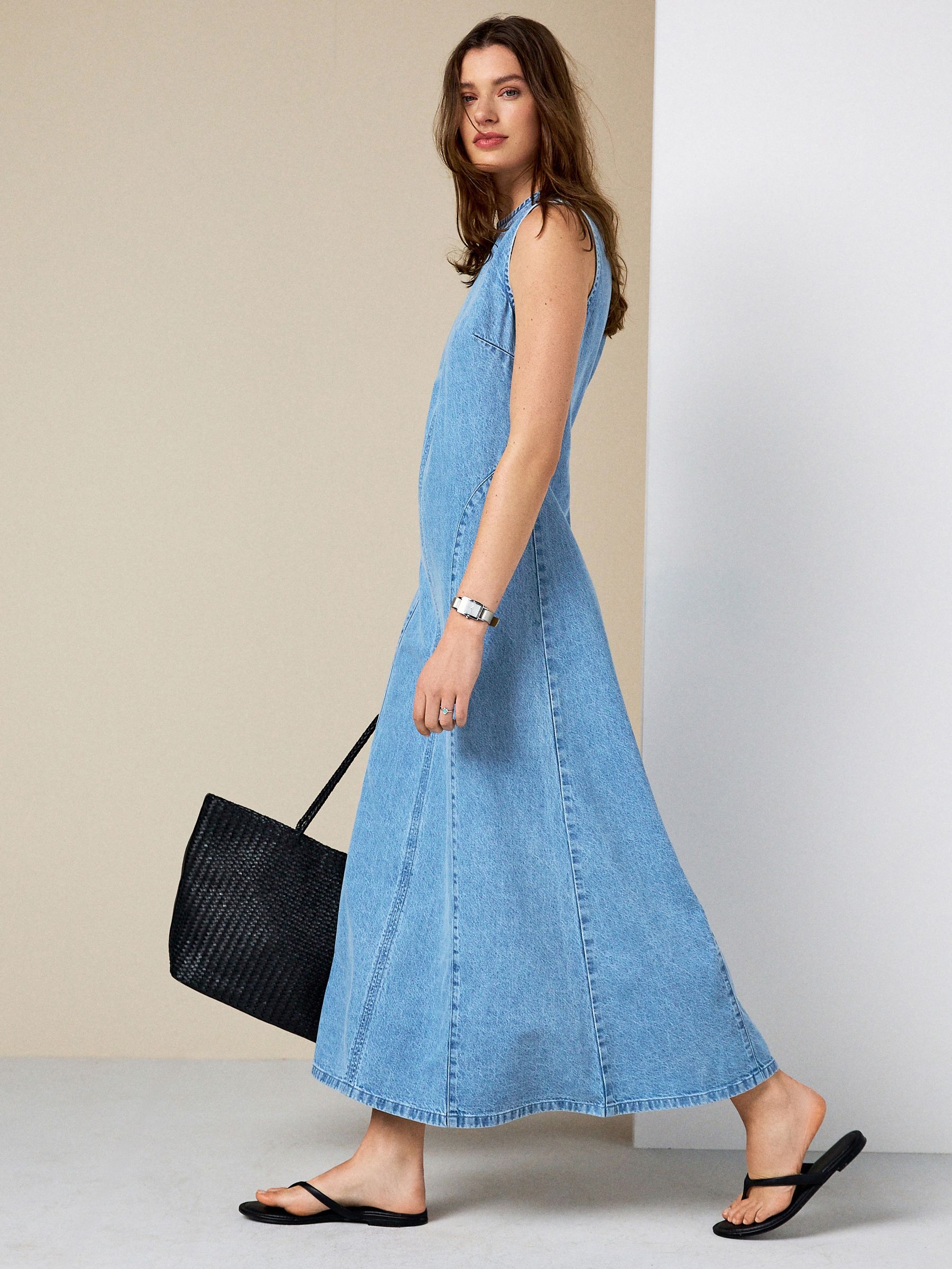 casual denim long dress Livesso Sleeveless Distressed Waist-Cinched Casual Denim Dress For Women