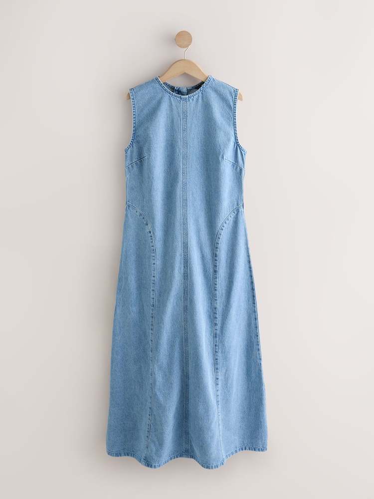Light Blue Seamed Sleeveless Denim Maxi Dress - Image 1 of 3