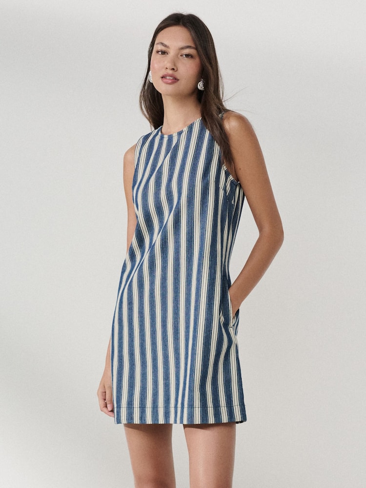 Blue Stripe Mini Shift Denim Dress - Image 1 of 4