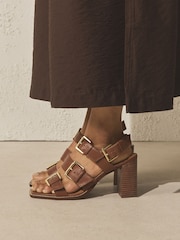 Tan Brown Forever Comfort® Leather Buckle Block Sandals - Image 1 of 3