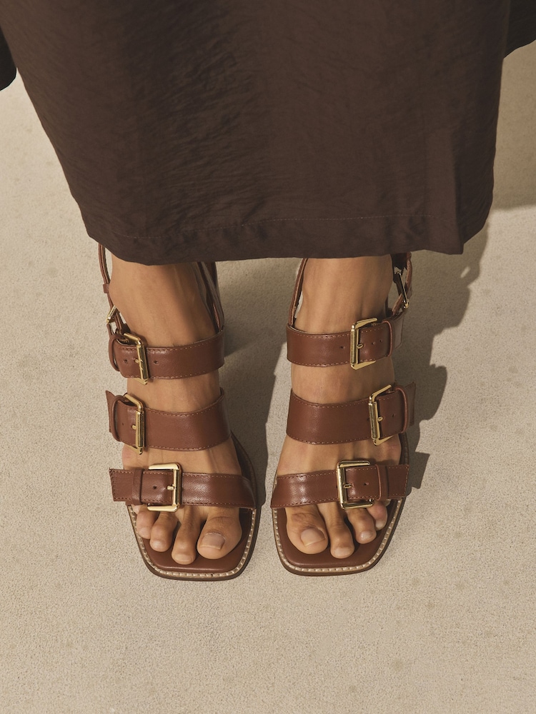Tan Brown Forever Comfort® Leather Buckle Block Sandals - Image 2 of 3