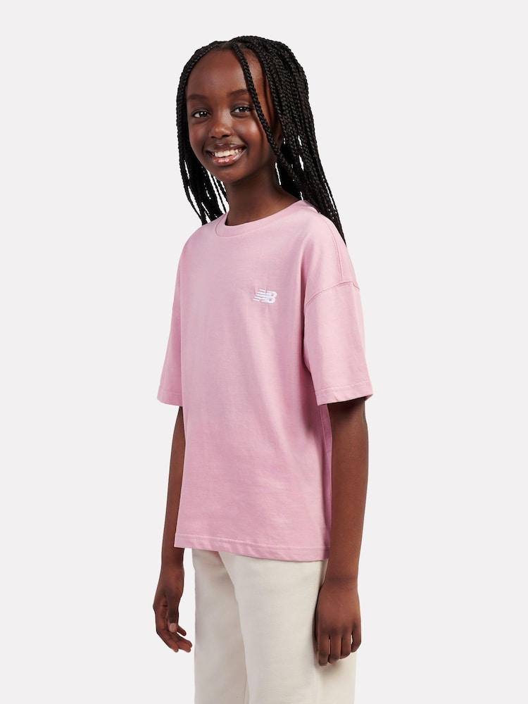 New Balance Pink Kids Jersey Small Logo T-Shirt - Image 2 of 5 New Balance Pink Kids Jersey Small Logo T-Shirt - Image 2 of 5
