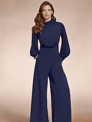 Hot Squash Blue Wide Leg Jumpsuit with Blouson Sleeve - Image 1 of 5