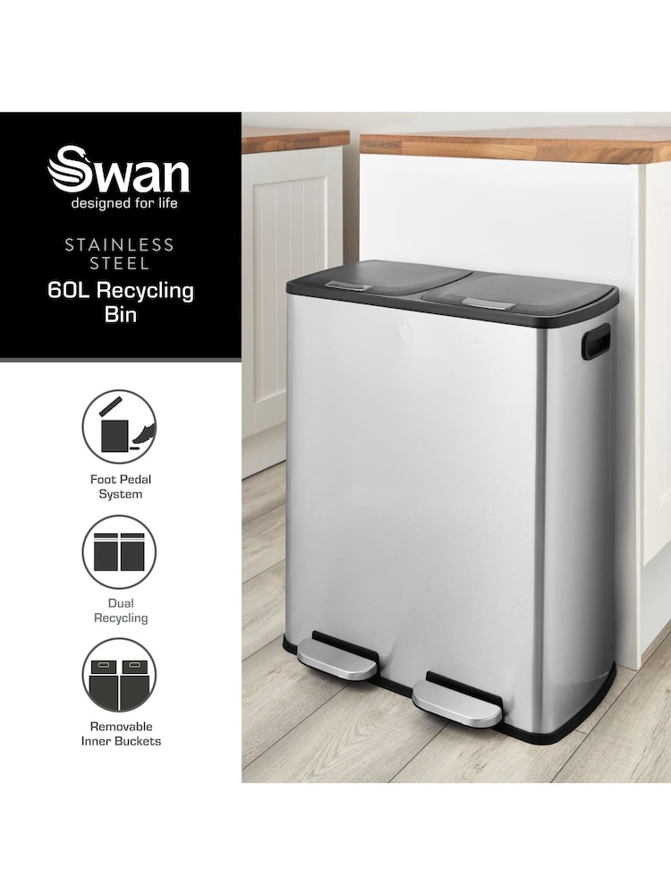 Swan Stainless Steel 90L Recycling Bin 3 x 30L - Image 2 of 9