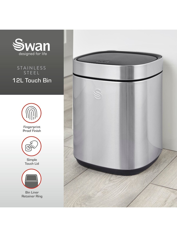 Swan Stainless Steel 12L Touch Bin - Image 2 of 9 Swan Stainless Steel 12L Touch Bin - Image 2 of 9