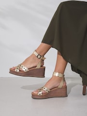 Gold Forever Comfort Leather Scalloped Cross Over Wedges - Image 1 of 4