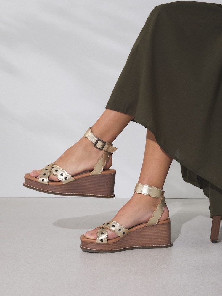 Gold Forever Comfort Leather Scalloped Cross Over Wedges - Image 1 of 4 Gold Forever Comfort Leather Scalloped Cross Over Wedges - Image 1 of 4