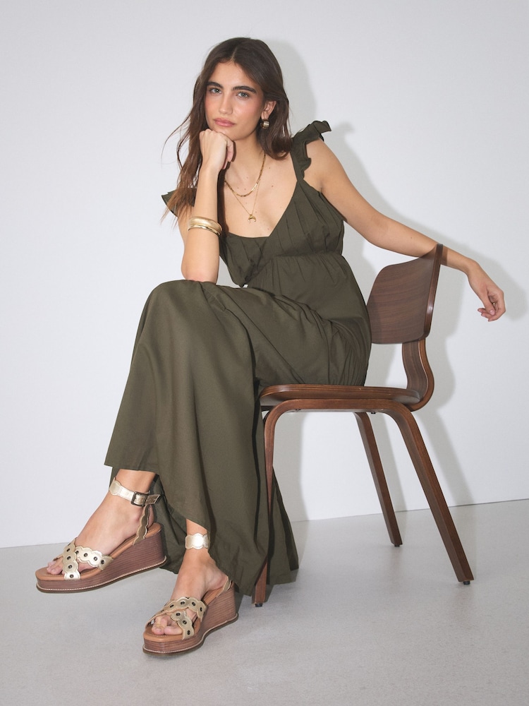 Gold Forever Comfort Leather Scalloped Cross Over Wedges - Image 2 of 4 Gold Forever Comfort Leather Scalloped Cross Over Wedges - Image 2 of 4