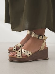 Gold Forever Comfort Leather Scalloped Cross Over Wedges - Image 3 of 4