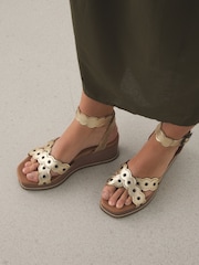 Gold Forever Comfort Leather Scalloped Cross Over Wedges - Image 4 of 4