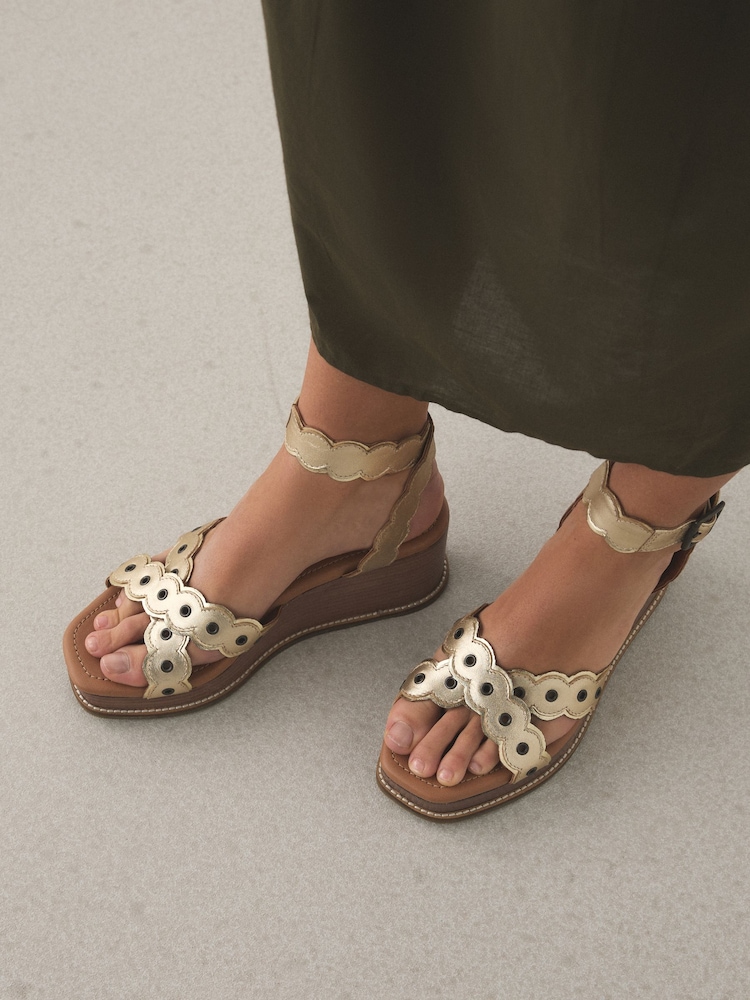 Gold Forever Comfort Leather Scalloped Cross Over Wedges - Image 4 of 4 Gold Forever Comfort Leather Scalloped Cross Over Wedges - Image 4 of 4