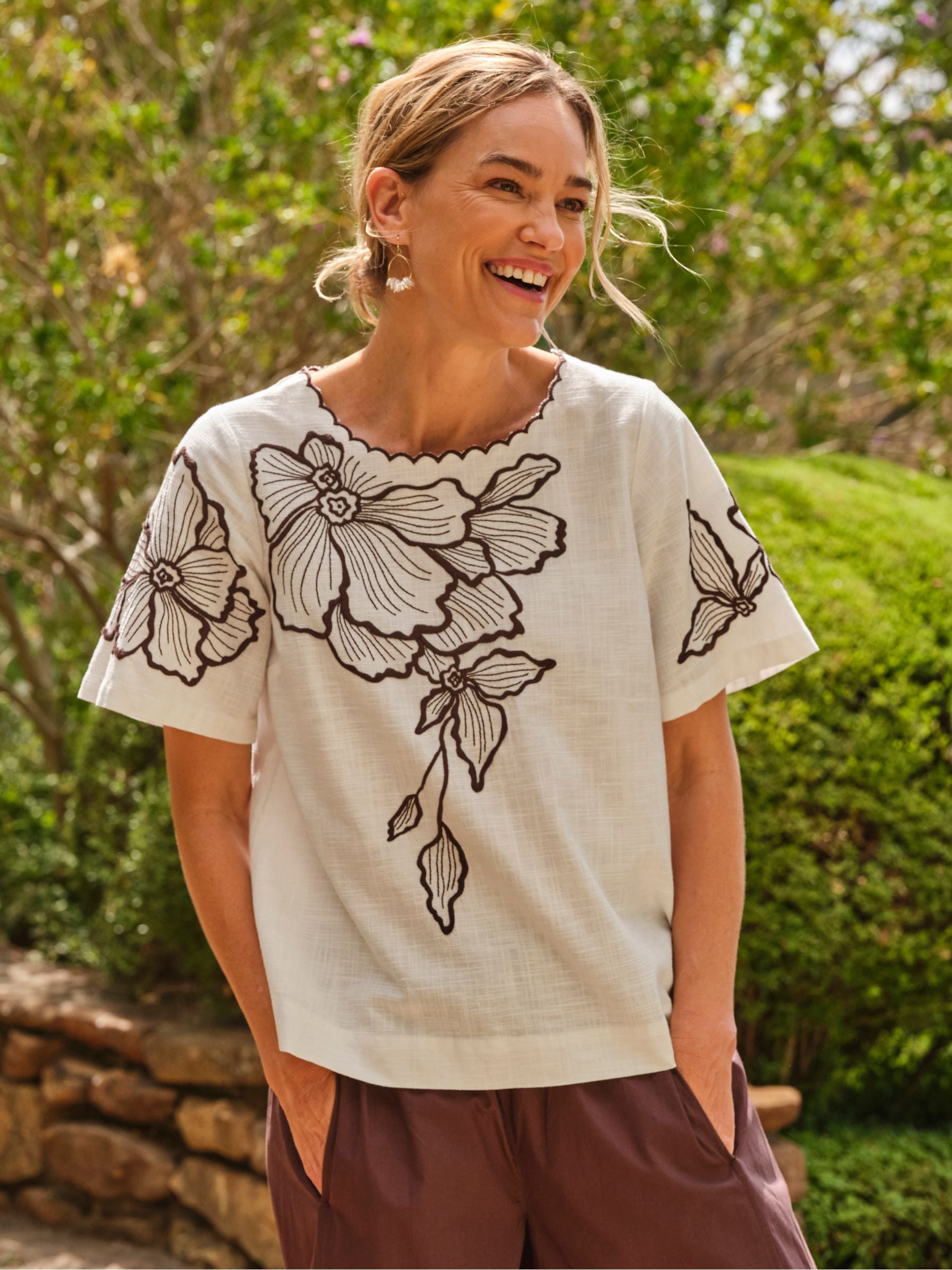 Fat Face Women's Blouse - Viscose Blend - Ivory - Embroidered