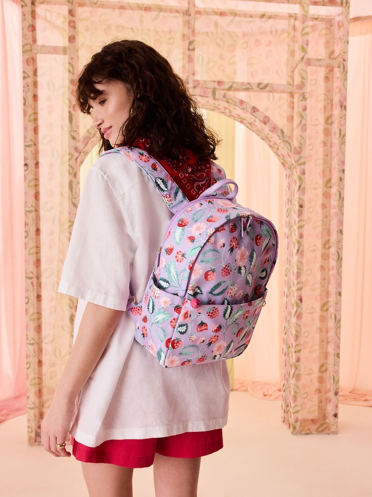 Cath Kidston Pink Raspberry Garden Print Compact Backpack - Image 2 of 8 Cath Kidston Pink Raspberry Garden Print Compact Backpack - Image 2 of 8