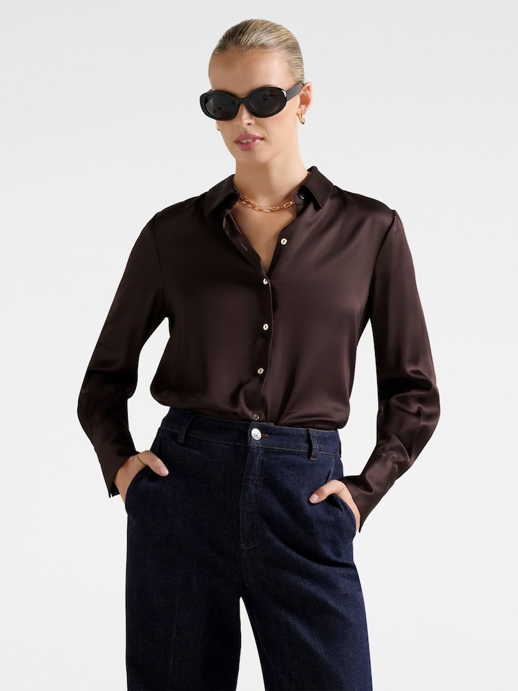 Forever New Brown Coco Satin Shirt - Image 1 of 5 Forever New Brown Coco Satin Shirt - Image 1 of 5
