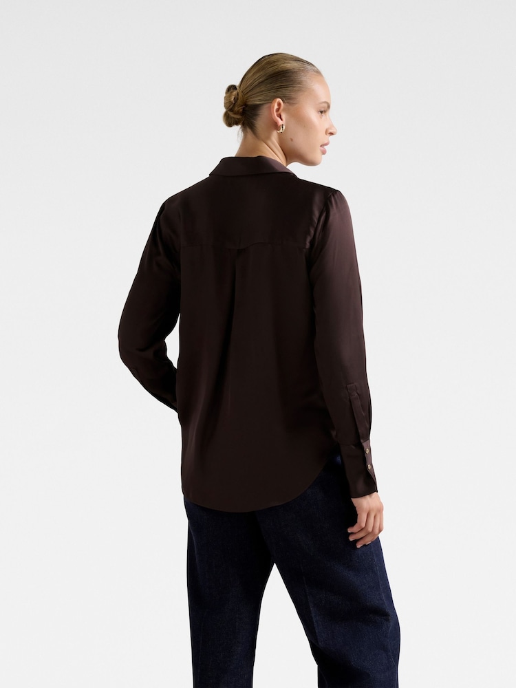 Forever New Brown Coco Satin Shirt - Image 2 of 5 Forever New Brown Coco Satin Shirt - Image 2 of 5