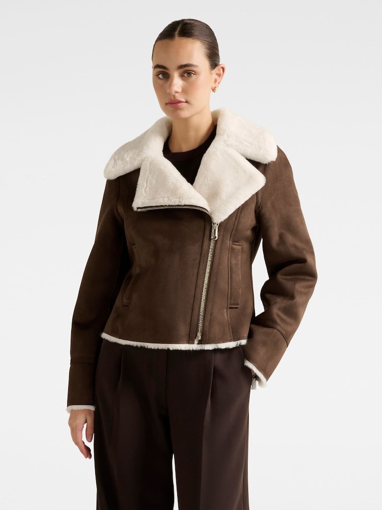 Forever New Brown Penny Faux Fur Aviator Jacket - Image 1 of 5 Forever New Brown Penny Faux Fur Aviator Jacket - Image 1 of 5