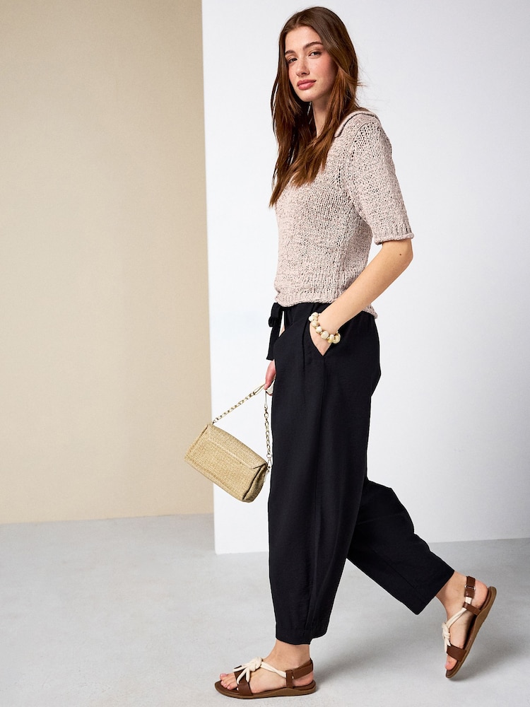 Black Barrel Leg Trousers with Linen - Image 2 of 8