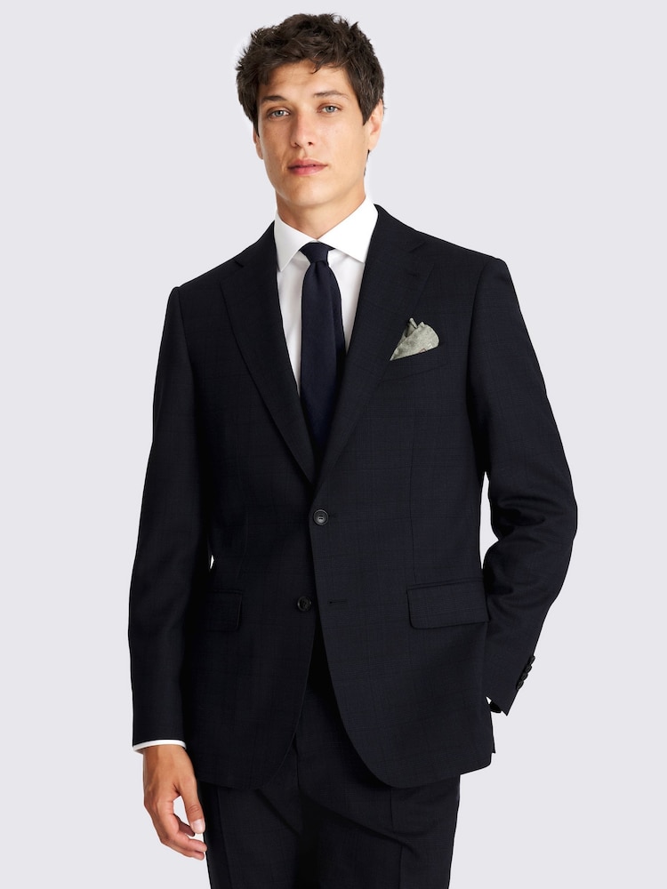 Blue Regular Fit Half Canvas Navy Check Suit Jacket - Image 1 of 4 Blue Regular Fit Half Canvas Navy Check Suit Jacket - Image 1 of 4
