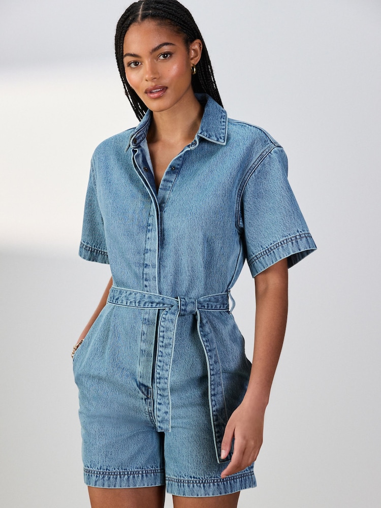 Mid Blue Short Sleeve Belted Denim Playsuit - Image 1 of 7