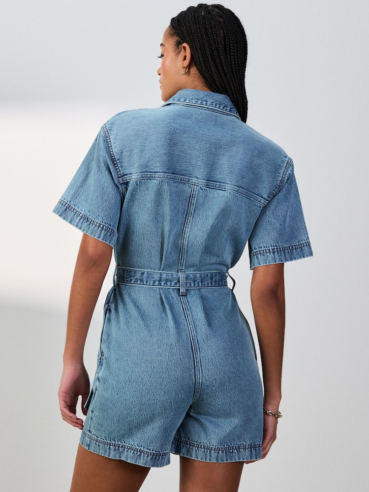 Mid Blue Short Sleeve Belted Denim Playsuit - Image 2 of 7
