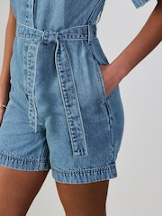 Mid Blue Short Sleeve Belted Denim Playsuit - Image 4 of 7