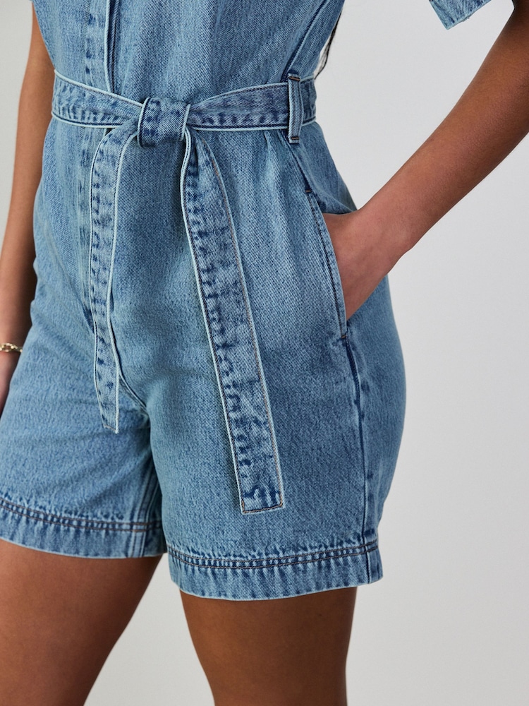 denim playsuit dress Womens Next Mid Blue Short Sleeve Belted Denim Playsuit US 6